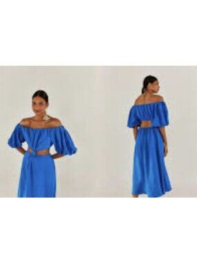 FARM Rio Blue Cutout Knot Waist Maxi Dress Puff Sleeve Off Shoulder S NWOT